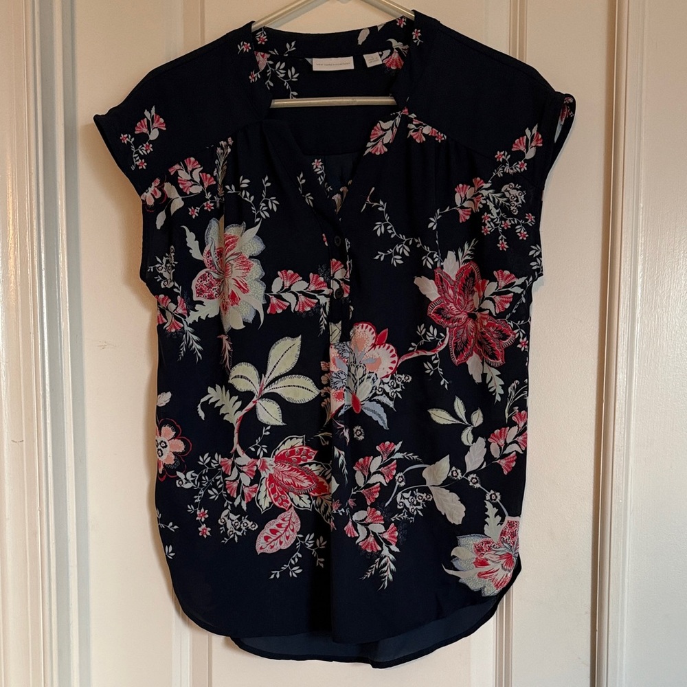 New York & Company Navy and Pink Floral Blouse